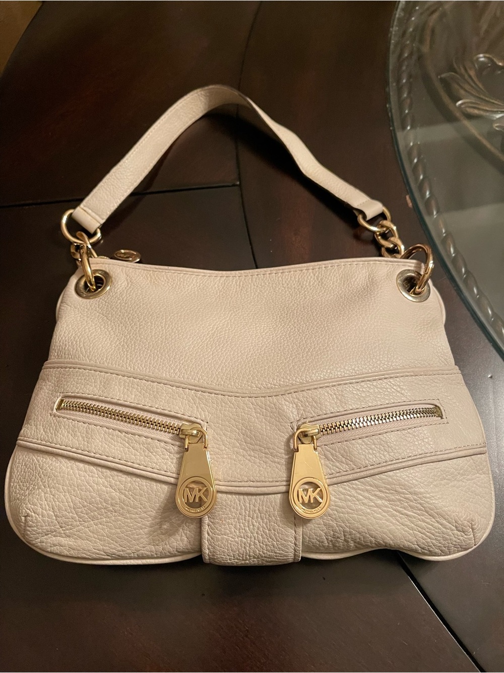 Michael Kors Cream Pebbled Leather Shoulder Bag with Gold Hardware
